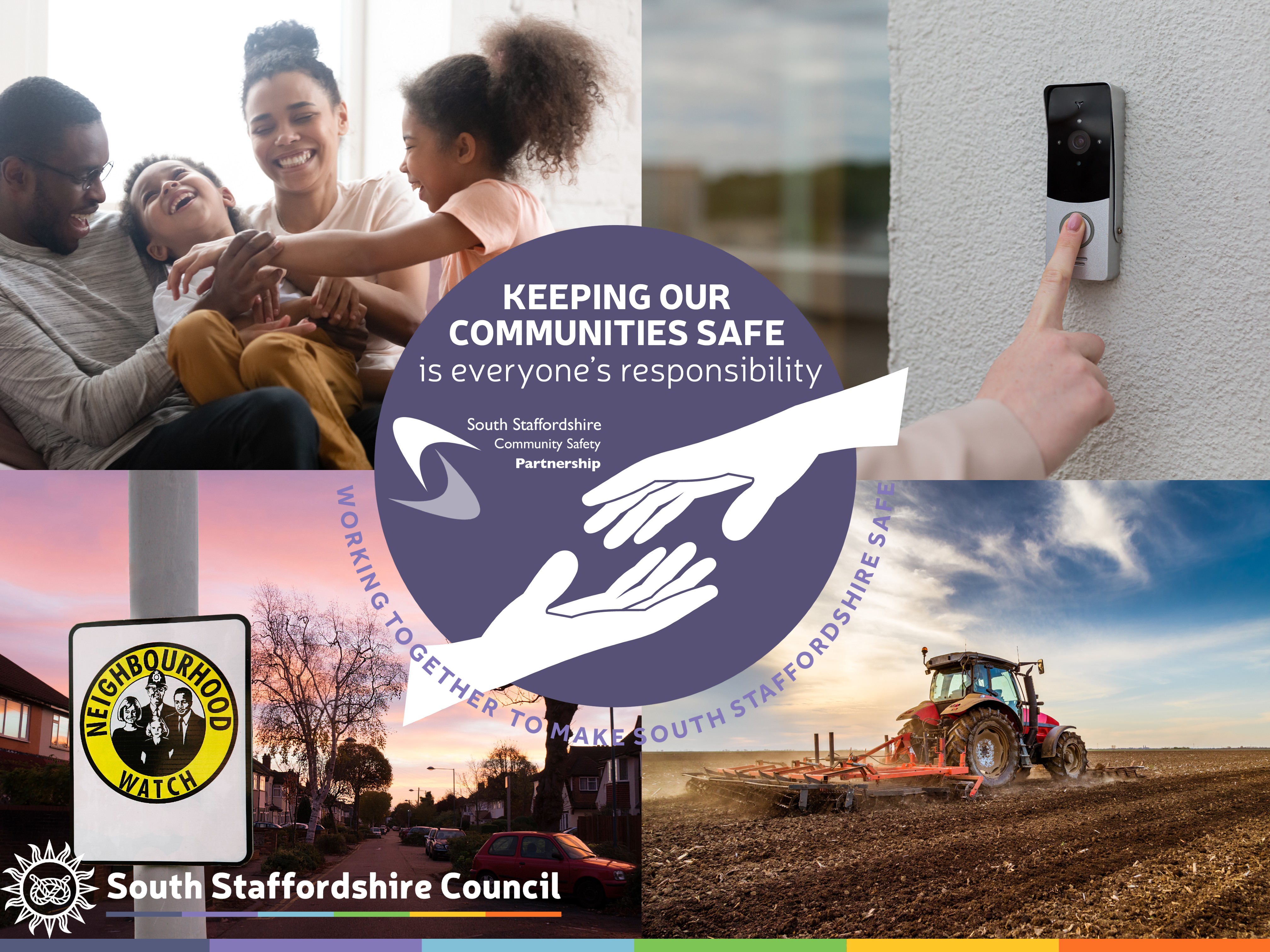 From left to right, clockwise: A family at home, a video doorbell, a neighbourhood watch sign, and a tractor in a field