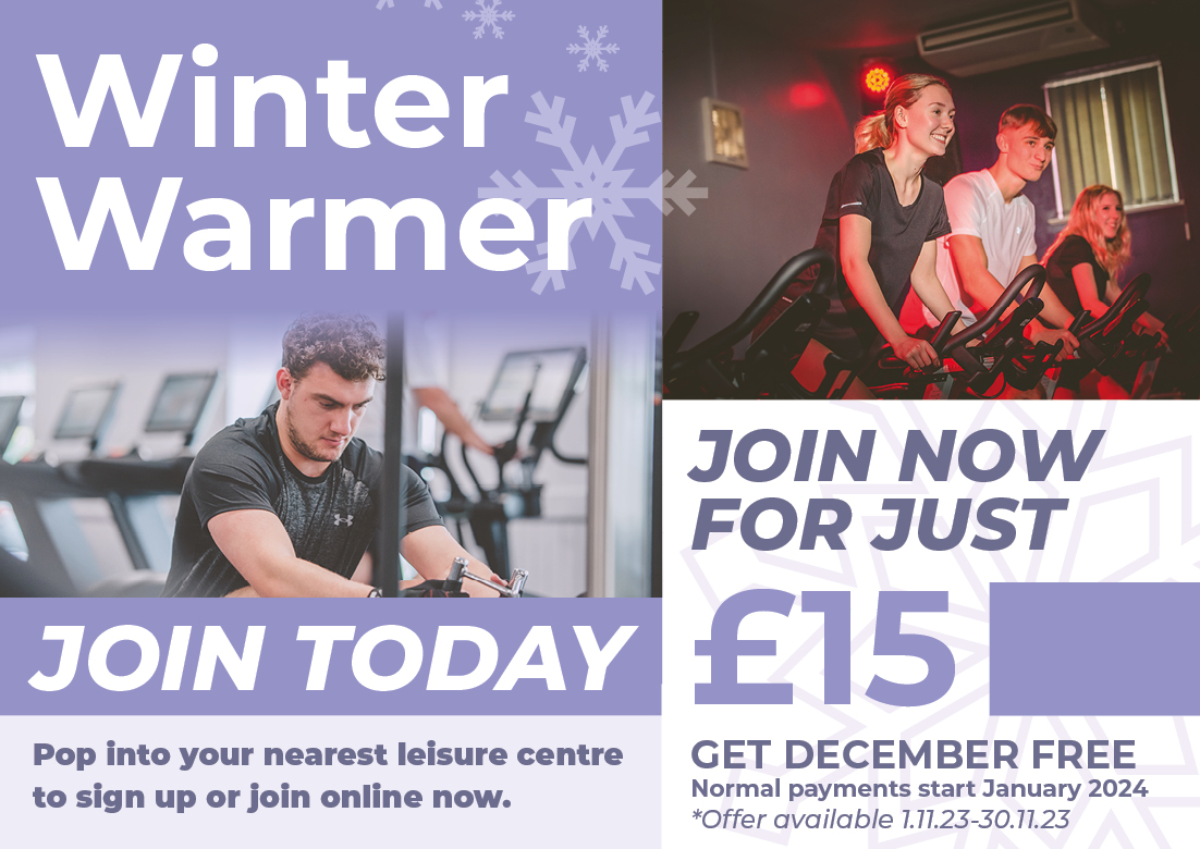 Image shows people in gym and cycling to promote leisure centre facilities. The offer is to join in November for £15, get December free. 