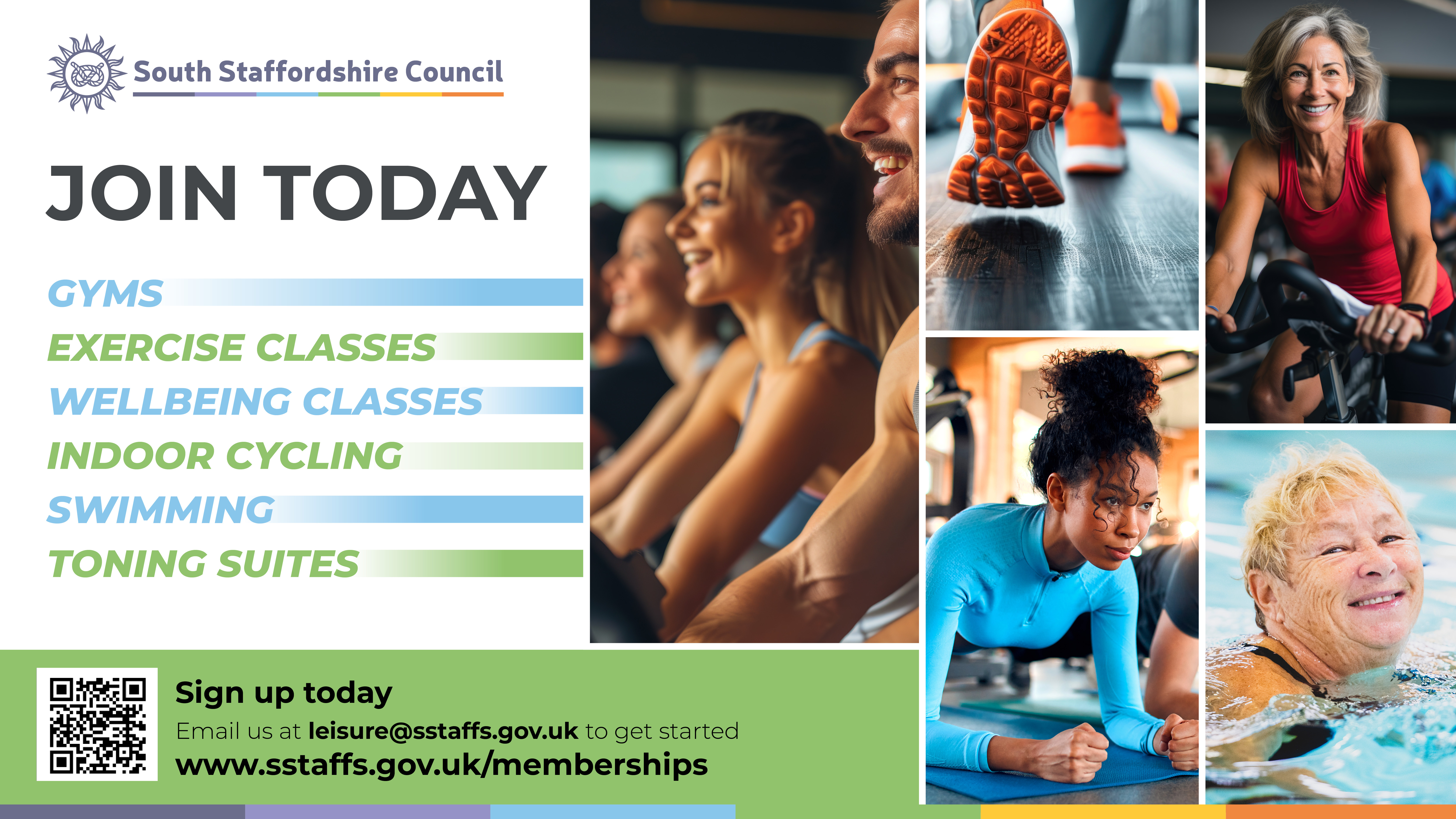 Image shows images of people exercising and promote facilities on offer at the leisure centres including the gyms, exercise classes, swimming, indoor cycling, toning suites and wellbeing classes. 