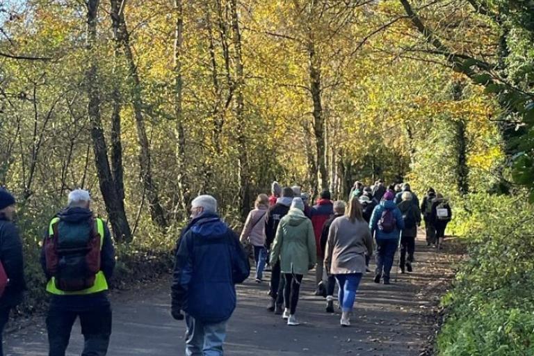 Image shows group of people walking through peaceful park.