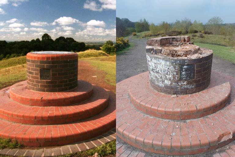 The toposcope at Baggeridge Country Park: left, the structure as it stood, and right, the structure after the damage