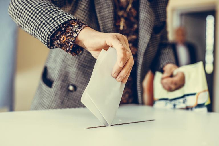 A person casts a vote at an election