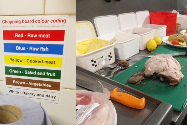 Left, a colour-coded chart for the correct use of chopping boards, and right, a green board used to cut cooked meat