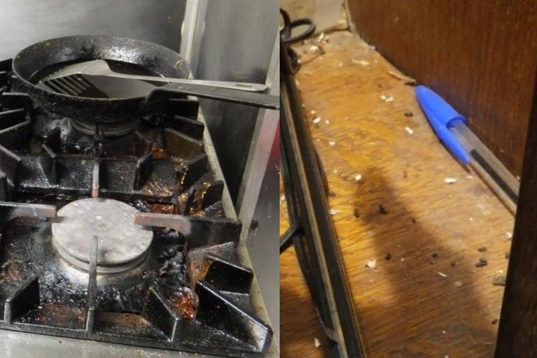 The Navigation pub in Greensforge: Left, a dirty cooking range, and right, mouse droppings found in the bar