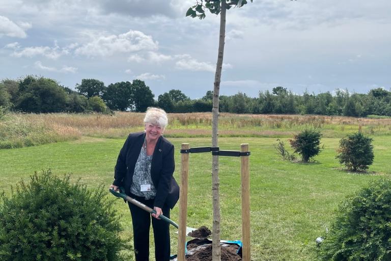 Cllr. Kath Perry MBE planting a tree at Strawberry Lane Cemetery