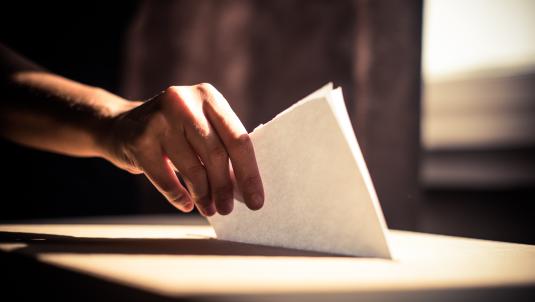 A person places their ballot paper into a ballot box