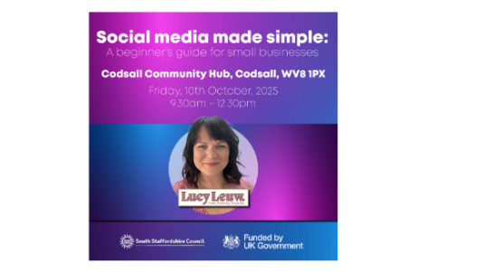 A social media graphic, with presenter Lucy Leuw's head shot in the middle, with a purple and blue background with the event details surrounding and the Council logo and Funded by UK Gov logo