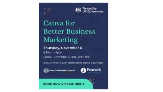 A social media graphic with a dark blue background, gold stars and lighter blue text, with the event details on. South Staffordshire Council and Funded by Uk Gov logo's