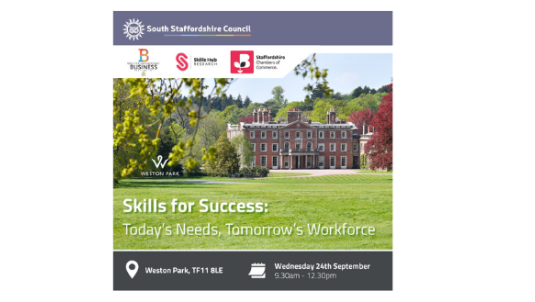 Social media graphic for event, including Weston Park as the background image, with a dark purple boarder including event details and logos