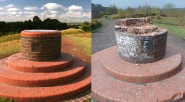 The toposcope at Baggeridge Country Park: left, the structure as it stood, and right, the structure after the damage