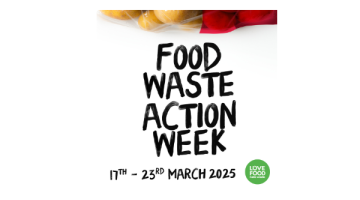 Image shows test Food Waste Action week seventeenth to twentythird march twenty twentyfive  and  love food hate waste green logo