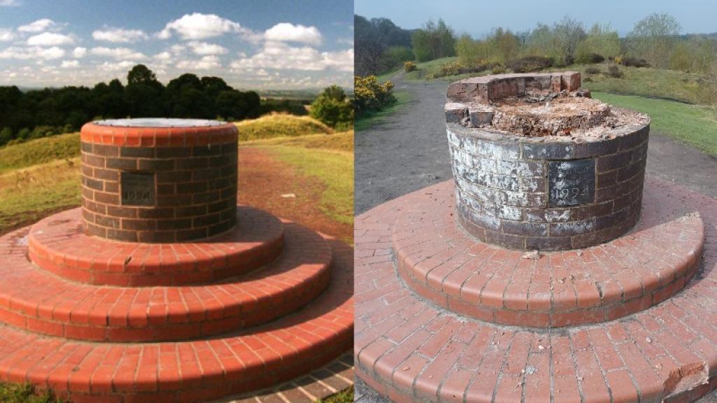 The toposcope at Baggeridge Country Park: left, the structure as it stood, and right, the structure after the damage