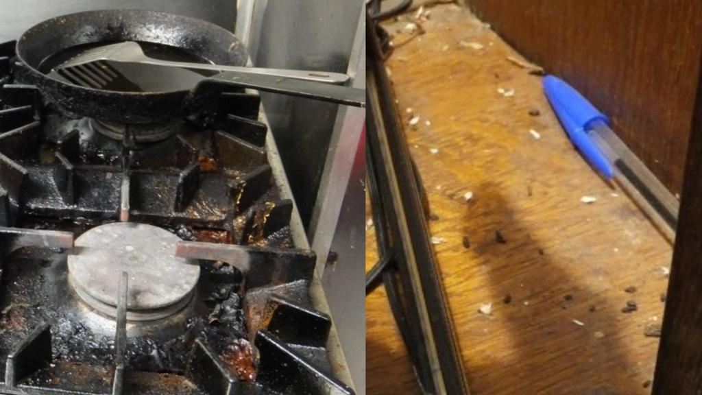 The Navigation pub in Greensforge: Left, a dirty cooking range, and right, mouse droppings found in the bar