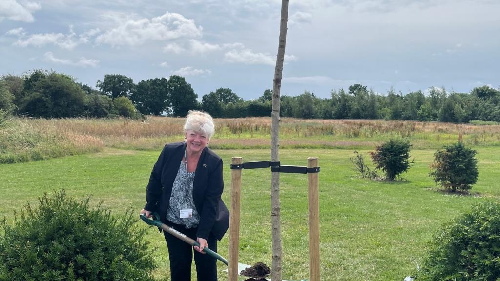 Cllr. Kath Perry MBE planting a tree at Strawberry Lane Cemetery