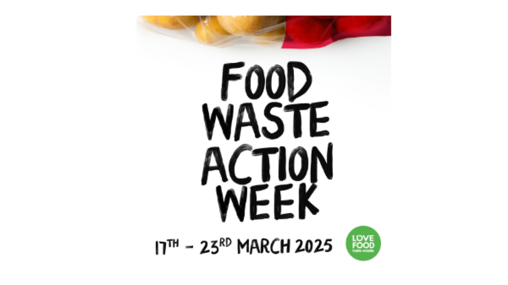 Image shows test Food Waste Action week seventeenth to twentythird march twenty twentyfive  and  love food hate waste green logo