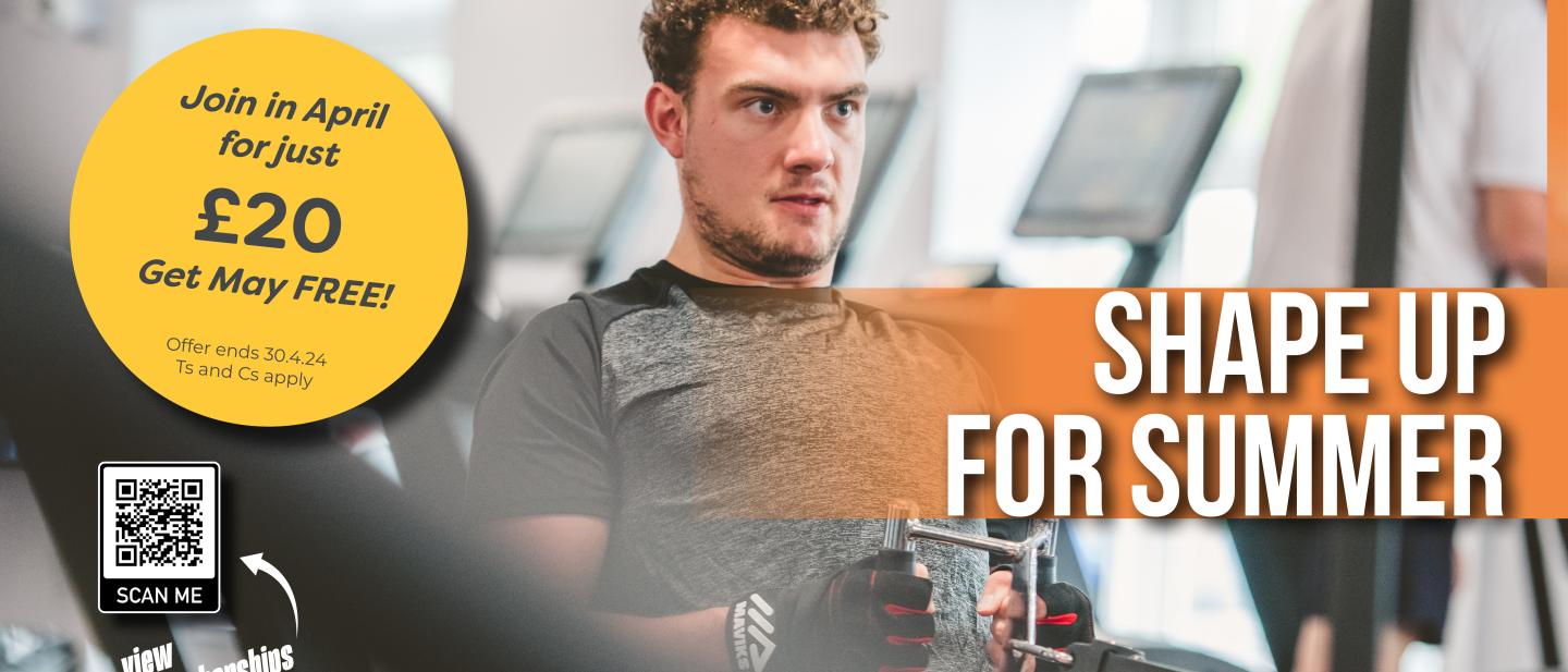 image show man on rowing machine with text promoting the shape up offer, join in April, pay £20 and get May free.