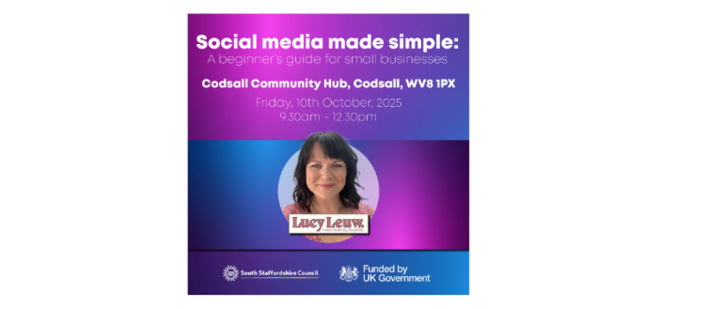 A social media graphic, with presenter Lucy Leuw's head shot in the middle, with a purple and blue background with the event details surrounding and the Council logo and Funded by UK Gov logo