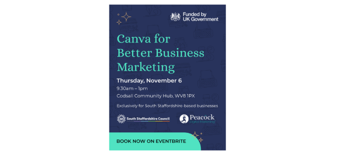 A social media graphic with a dark blue background, gold stars and lighter blue text, with the event details on. South Staffordshire Council and Funded by Uk Gov logo's