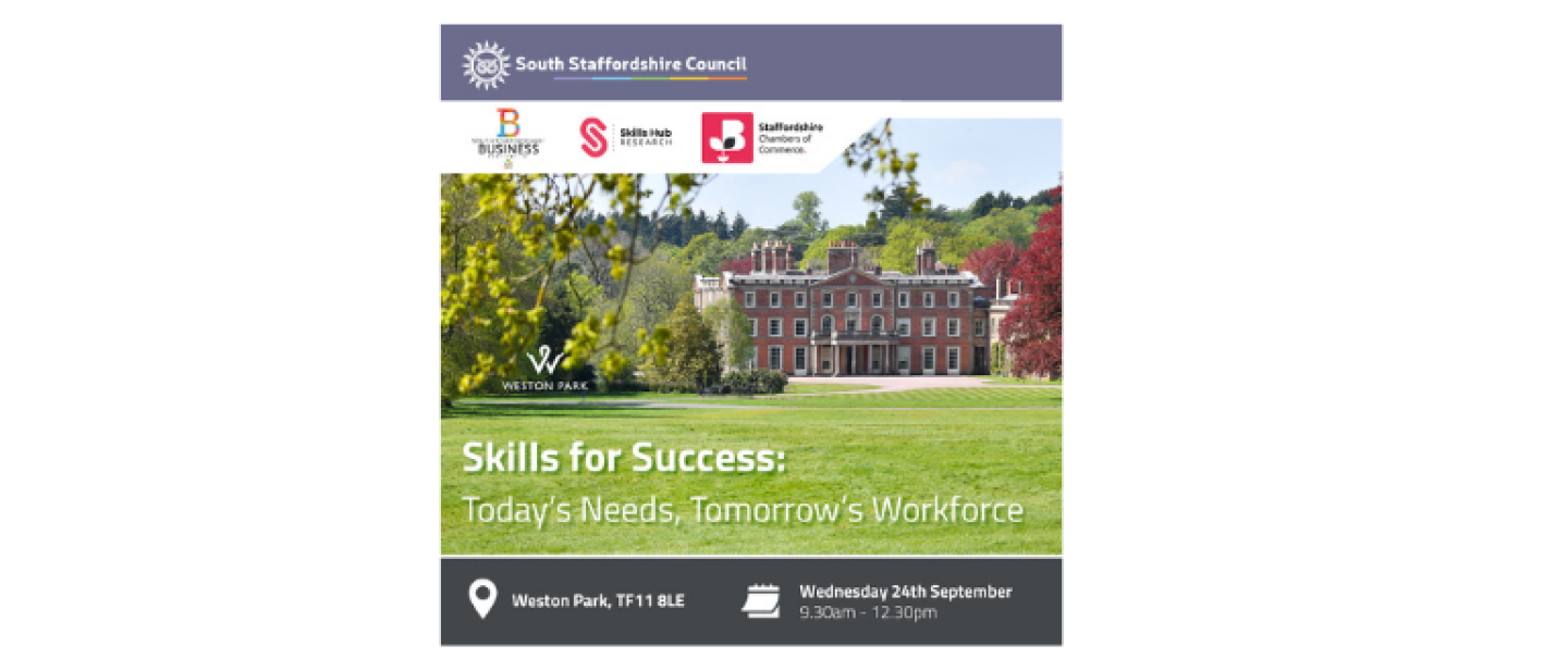 Social media graphic for event, including Weston Park as the background image, with a dark purple boarder including event details and logos