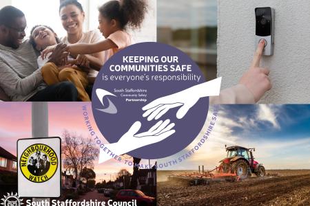 From left to right, clockwise: A family at home, a video doorbell, a neighbourhood watch sign, and a tractor in a field
