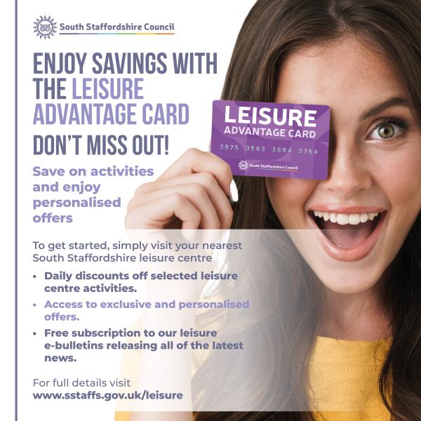 image shows lady holding a leisure advantage card with information promoting discounts available.